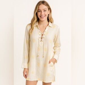 Cynthia Rowley Linen Blend Tunic Dress | Sun Print Lace-Up Cover-Up | Size M NWT